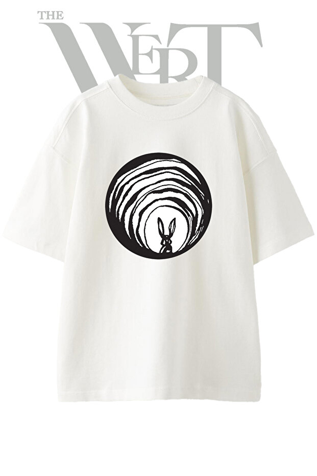 Rabbit Hole Design Printed Unisex White Oversize T-Shirt