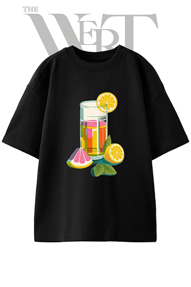 Citrus Drink Design Printed Unisex Black Oversize T-Shirt