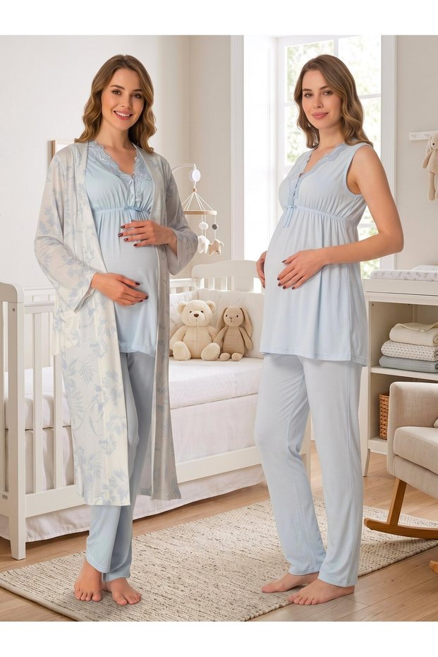 New Season Blue Summer Patterned Lace Detailed Design Wide Strap Maternity Pajama Set with Breastfeeding Feature