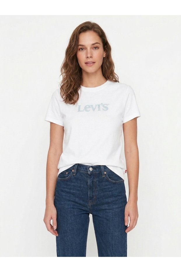 Favorite Rhinestone Club Logo Women's White Crewneck T-Shirt with Stone Details 008Bx-0008