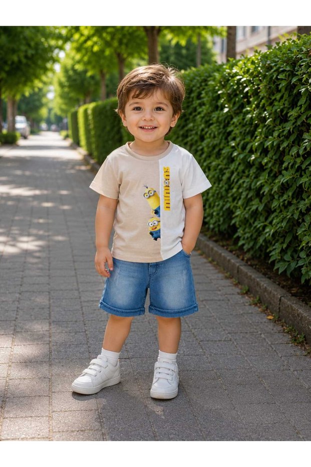 Baby Boy Minions Printed T-Shirt Pocket Denim Shorts 2-Piece Set
