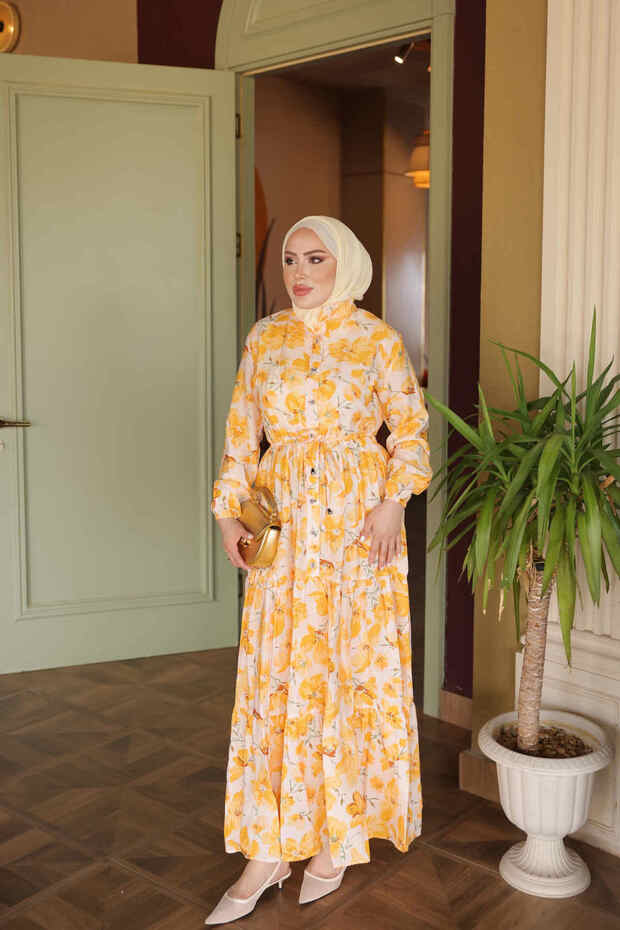 Yellow Half-Buttoned Layered Dress with Elastic Sleeves