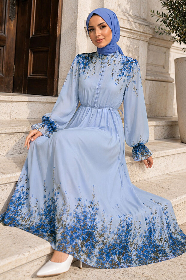 Floral Print Half-Button Chiffon Dress Tsd260258 Blue
