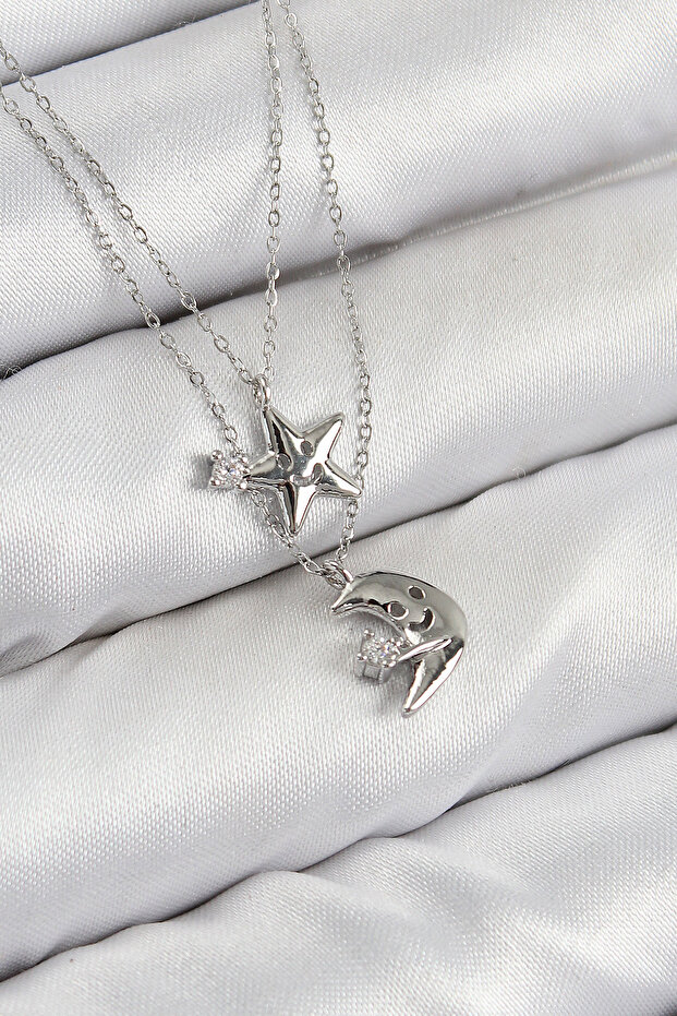 Brass Zircon Stone Star and Moon Model Silver Color Women's Necklace