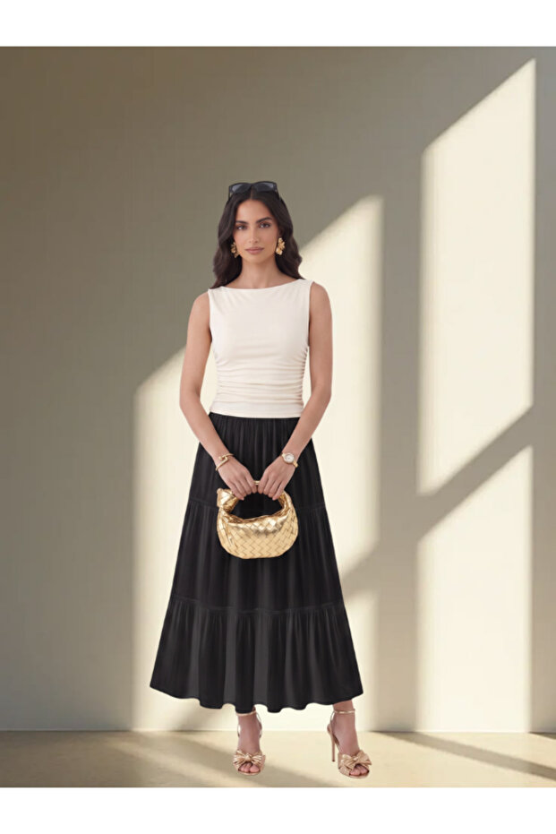 Women's 2-Piece Co-Ord Set - Ruched Sleeveless Top & Tiered Maxi Skirt