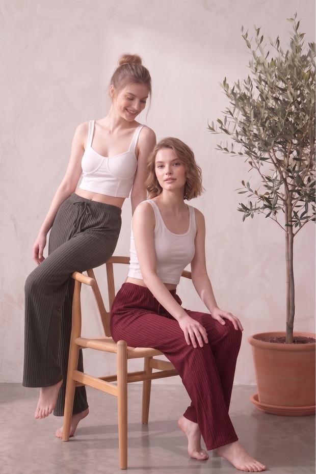Set of 2 High Waist Wide Leg Striped Camisole Summer Pajama Bottoms