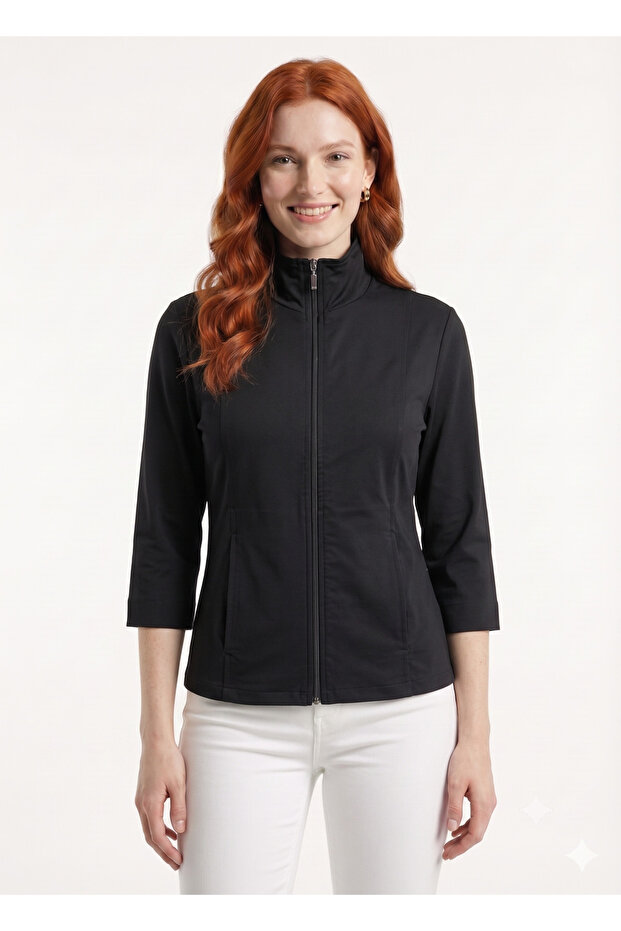 Women's Slim Fit Black Zippered Cardigan