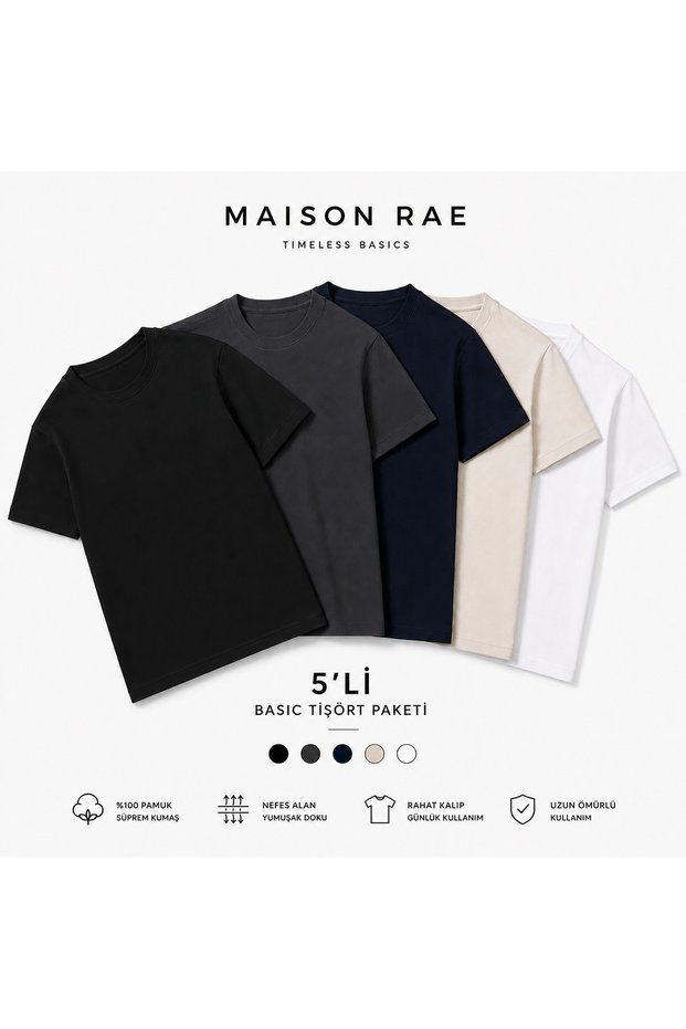 Men's 5-Piece Basic Regular Fit T-Shirt Set 100% Cotton Crew Neck Black-White-Beige-Anthracite-Navy Blue