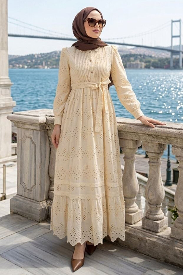 Buttoned Belted Layered Scallop Beige Hijab Dress 5004Bej