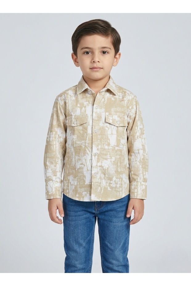 Boys Beige Abstract Printed Casual Shirt