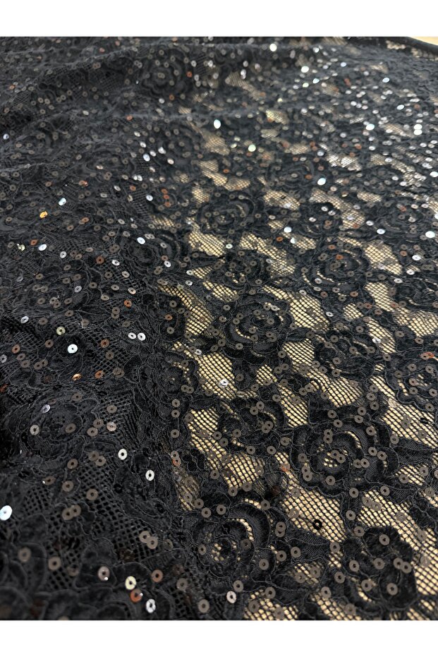 Black Rose Motif Sequined Lace Fabric | Evening Wear & Stylish Design Fabric