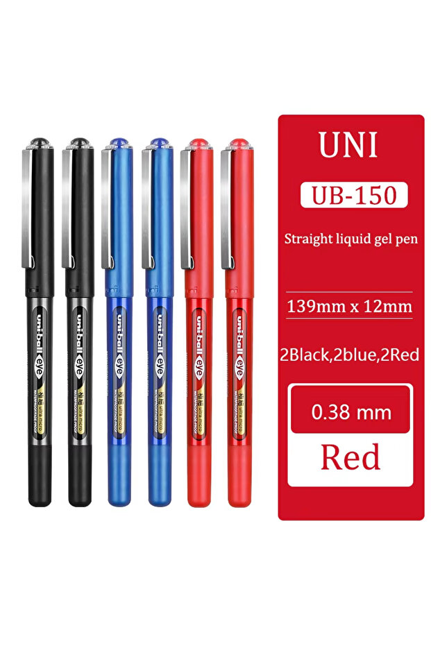 0.38 6pcs(2BK2RD2BU) Mitsubishi Uni-ball UB-150 Eye Gel Roller Pen Waterproof Ink 0.38/0.5mm Smooth