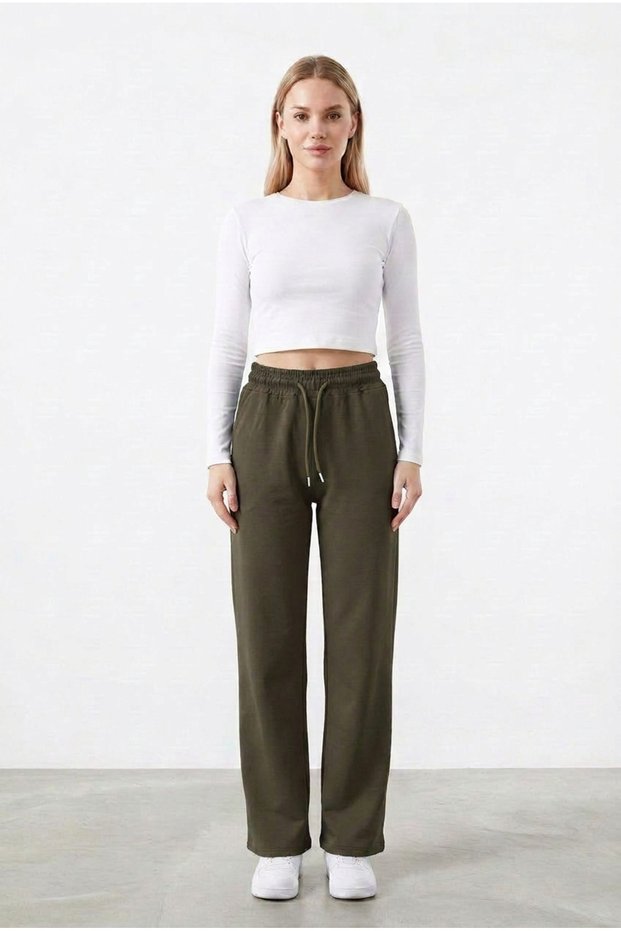 Women's Khaki Combed Cotton Palazzo Wide Leg Elastic Waist Lace-Up Comfortable Fit Sweatpants