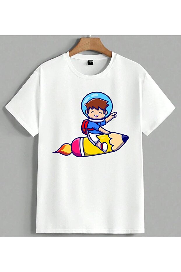 تي شيرت Astronaut Child Rocket Saris مطبوع للجنسين مقاس كبير باللون الأبيض