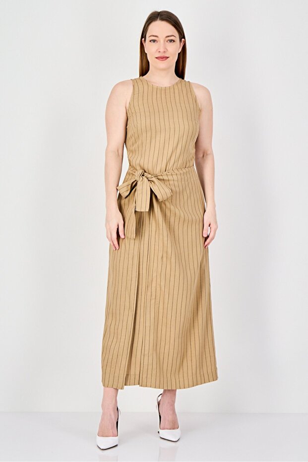 Women Stripe Wrap Dress, Tan