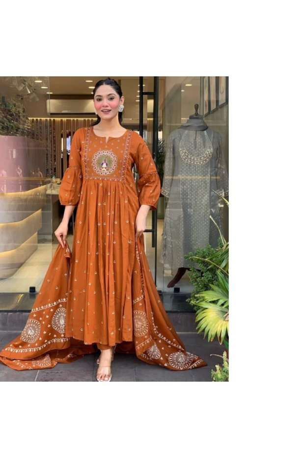 Orange Cotton Salwar Kameez Dupatta - ALV2065 | Orange-Size:XL-42-Inches