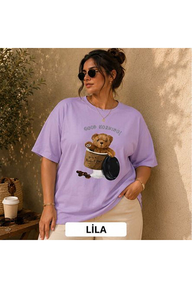 تي شيرت نسائي كبير الحجم مطبوع عليه عبارة Good Morning Teddy Bear Digital Print