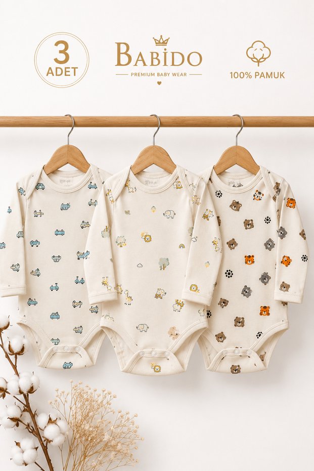 100% Cotton 3-Piece Long Sleeve Baby Bodysuit Set with Snap Fasteners Newborn Baby Bodysuit 0-12 Months