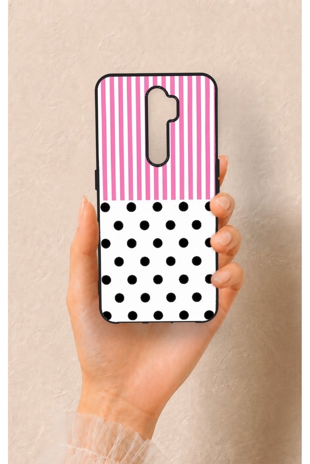 Oppo A9 2020 Compatible Pink Striped Polka Dot Patterned Silicone Case