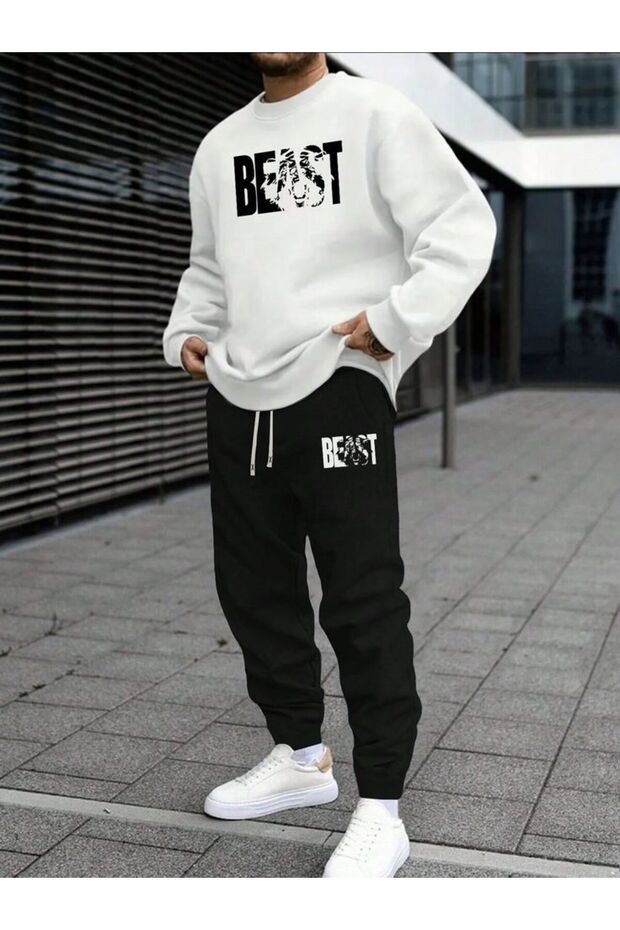 Oversized Hooded Sweatshirt Set - Face and All-Over Surface Print, Comfortable Lace-Up Hoodie