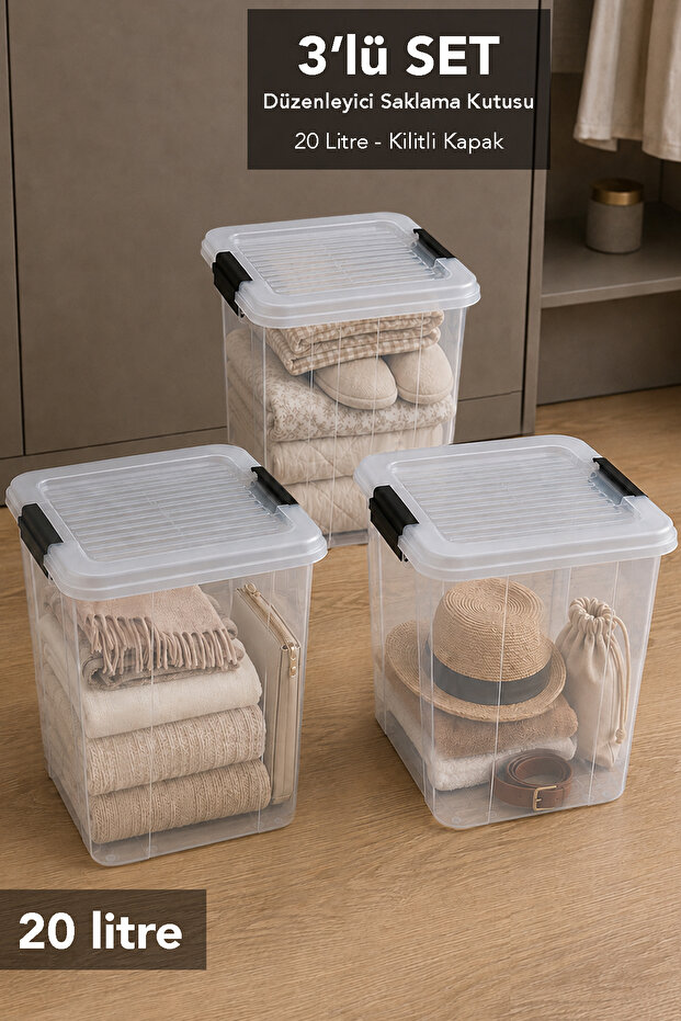 3 Pieces 20Lt Deep Organizer Box - Elora Multi-Purpose Organizer Storage Box with Lockable Lid Transparent