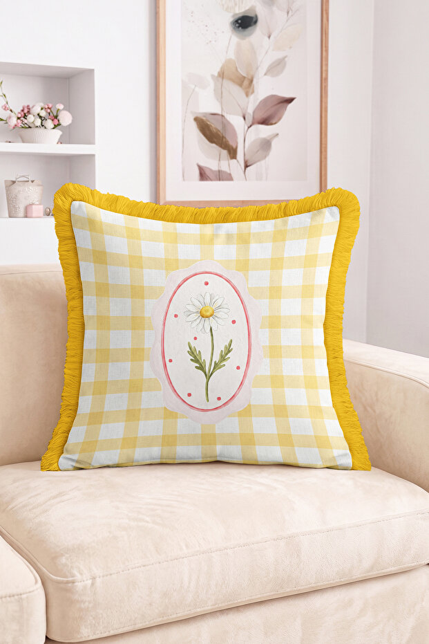 Daisy Flower Motif Plaid Patterned Fringed Throw Pillow Cover - Bohemian Tassel Pillowcase