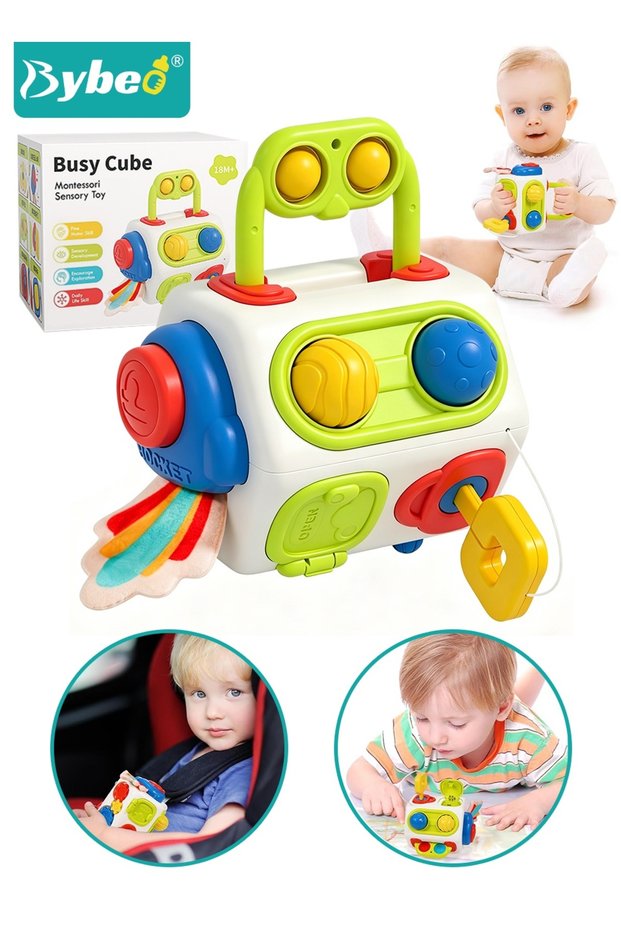 8-in-1 Toddler Activity Cube, Baby Busy Board Cube, Montessori Sensory Toys for Fine Motor Skills, Early Development Toys, Portable Carseat Plane Travel Toy for Toddler 0-3 Years Old