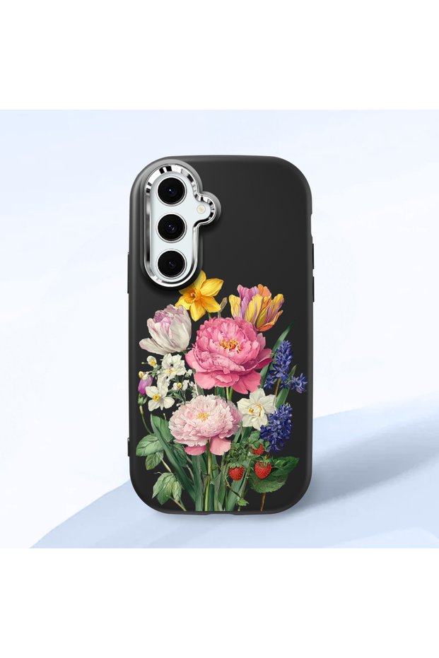 Samsung Galaxy S24 Fe Compatible Case Camera Protector Black Silicone Couple Phone Case with Floral Pattern