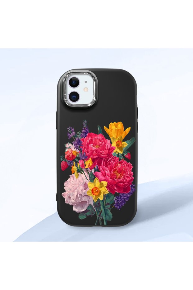 iPhone 12 Compatible Case Camera Protector Black Silicone Couple Phone Case with Floral Pattern