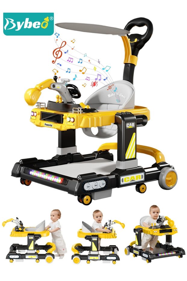 3 in 1 Baby Walker With Parent Push Handle, Multifunctional Kids Walkers,Toy Excavator for Walking with Adjustable Height and 360 Degree Universal Wheels, Comfortable Seat Cushion, Detachable Trampoli