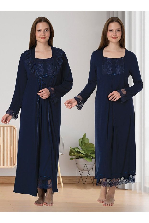 Dvina Maternity Lace Detailed Dressing Gown and Long Sleeve Nightgown - Set of 2 - Navy Blue