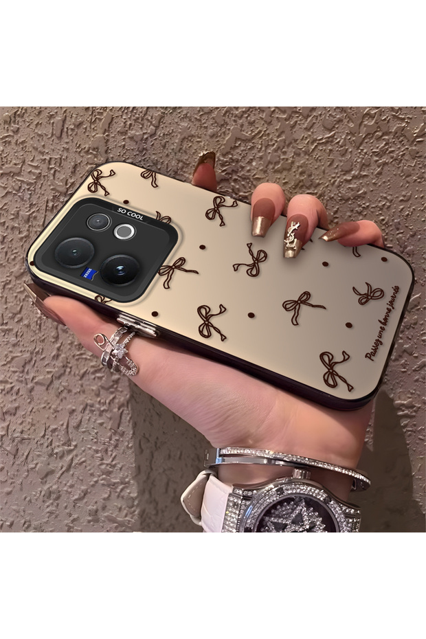 Vivo V60 Compatible High Quality Brown Bow and Dot Printed Case