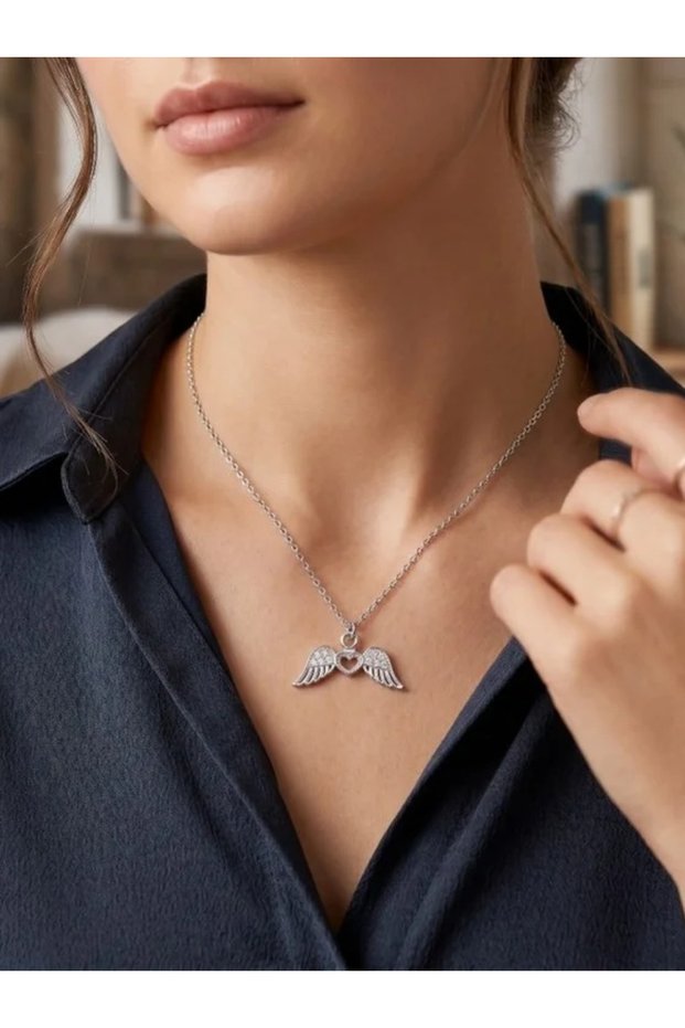 Elegant Wing and Heart Figured Silver Color Steel Women's Necklace
