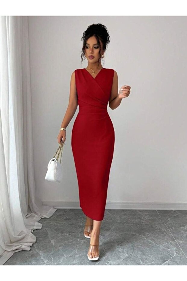 Women's sleeveless crossover neck midi janjan crepe dress