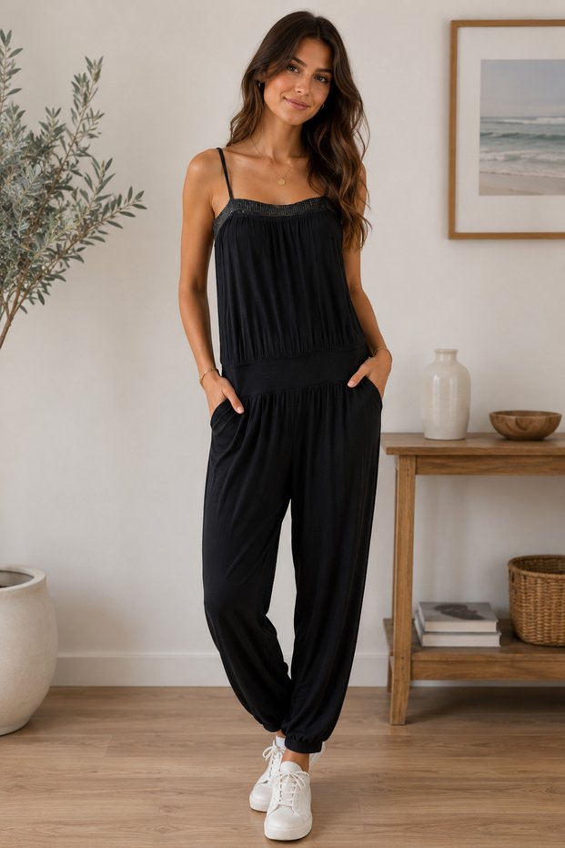 34/36 Size Combed Cotton Fabric Strappy Black Women's Jumpsuit Comfortable and Stylish for Daily Use