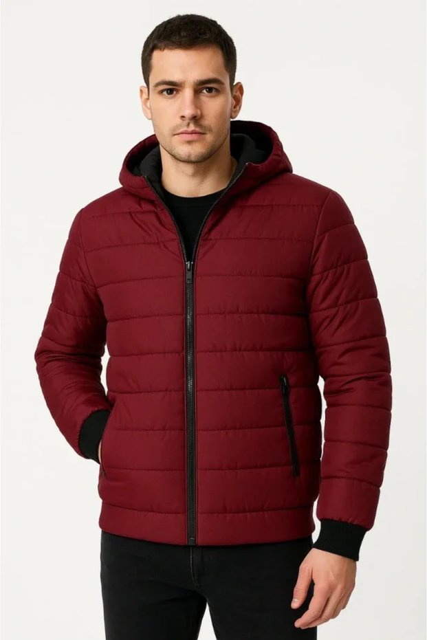 Men's Inflatable Hooded Zipper Jacket Water Repellent Quilted Lined Fabric with Pockets Winter Comfortable Fit - Bord
