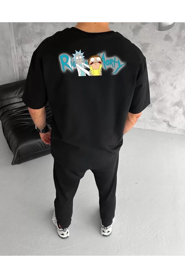 Unisex Crew Neck Printed Oversize T-Shirt - Black