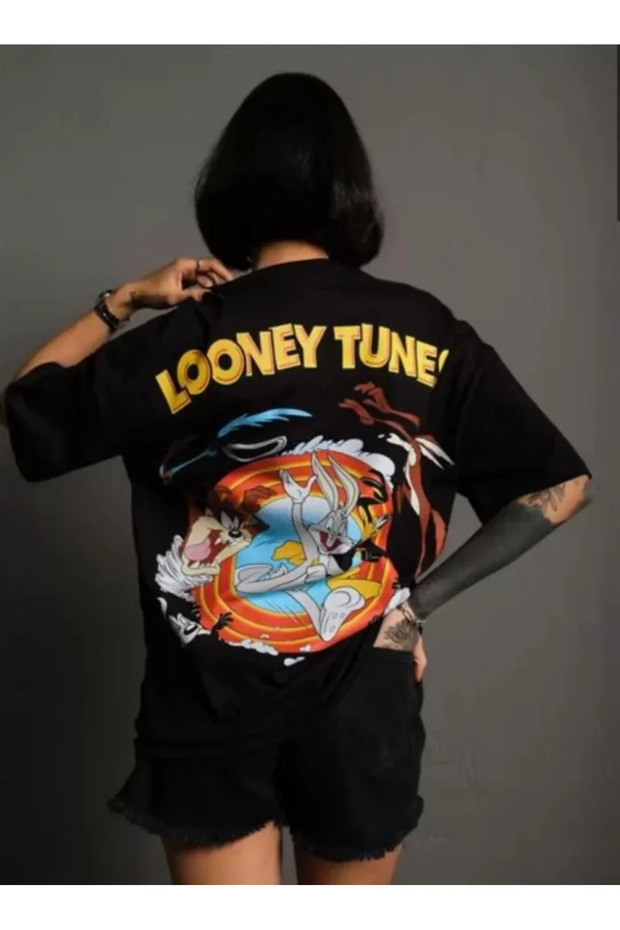 Unisex Crew Neck Printed Oversize T-Shirt - Black