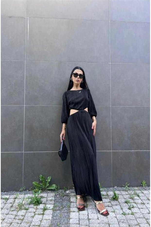 Women's Black Pleated Maxi Dress Boat Neck Long Balloon Sleeves Low-Cut Waist