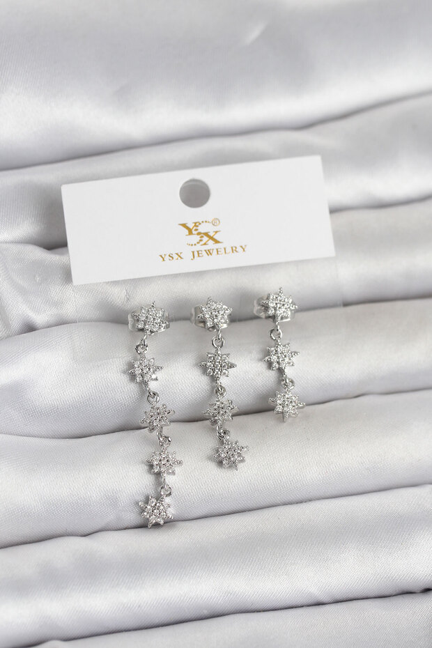 Brass Silver Color Rowed Pole Star Model 3-Piece Women's Earrings