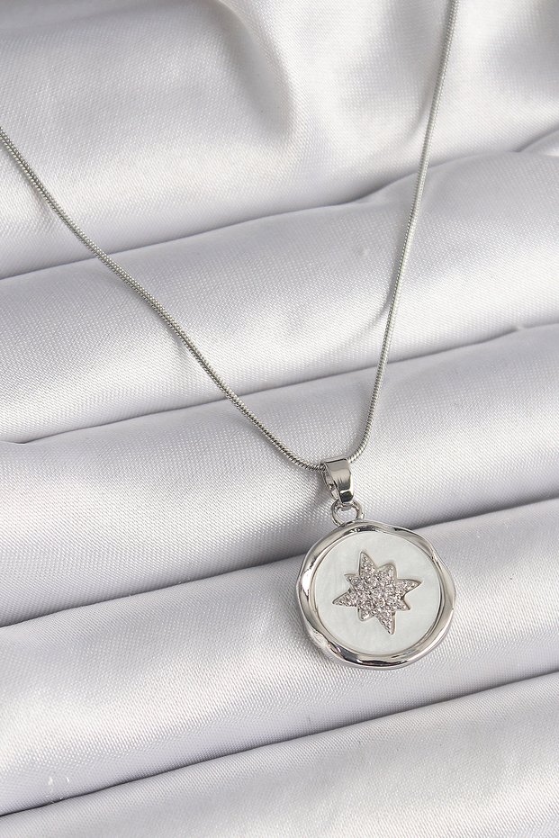 316L Steel Silver Color Chain White Pearlescent Zircon Stone Star Engraving Model Women's Necklace