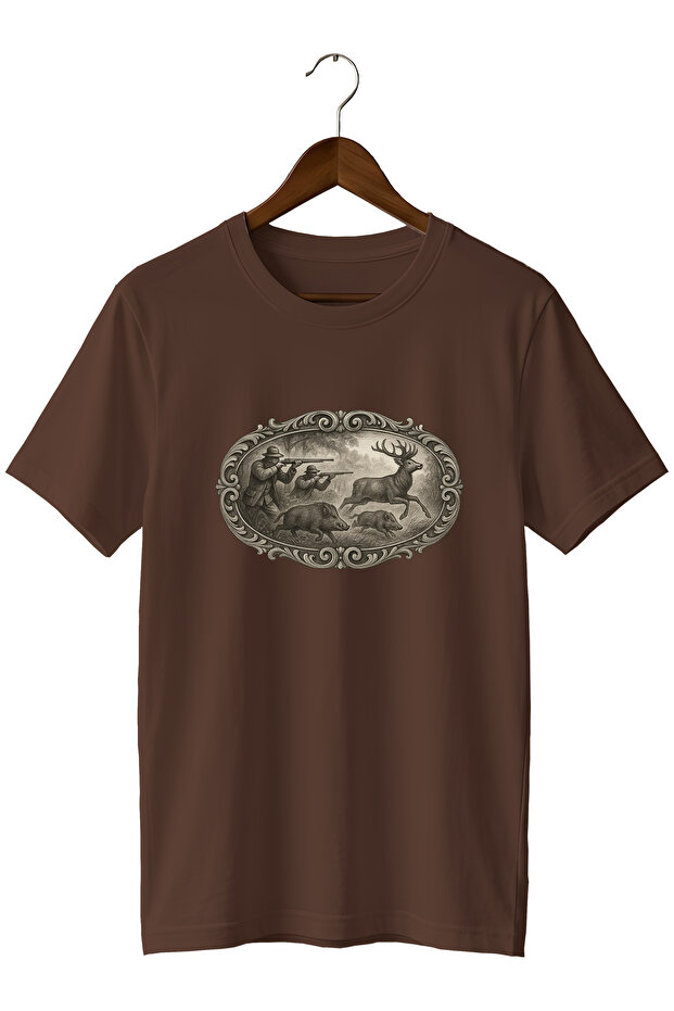 Hunter Printed Unisex T-Shirt – Deer and Wild Boar Themed Outdoor Crew Neck