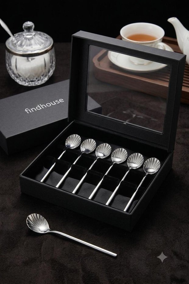 304 Stainless Steel Set of 6 Oyster Sugar Teaspoons with Luxury Box for Presentation and Dowry Use in Kitchen, Home, Cafe, Restaurant, Hotel