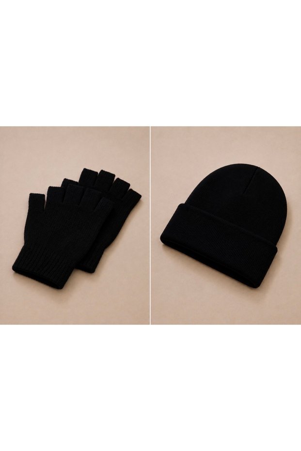 Black 2-Piece Winter Combination | Beanie+Fingerless Gloves Set