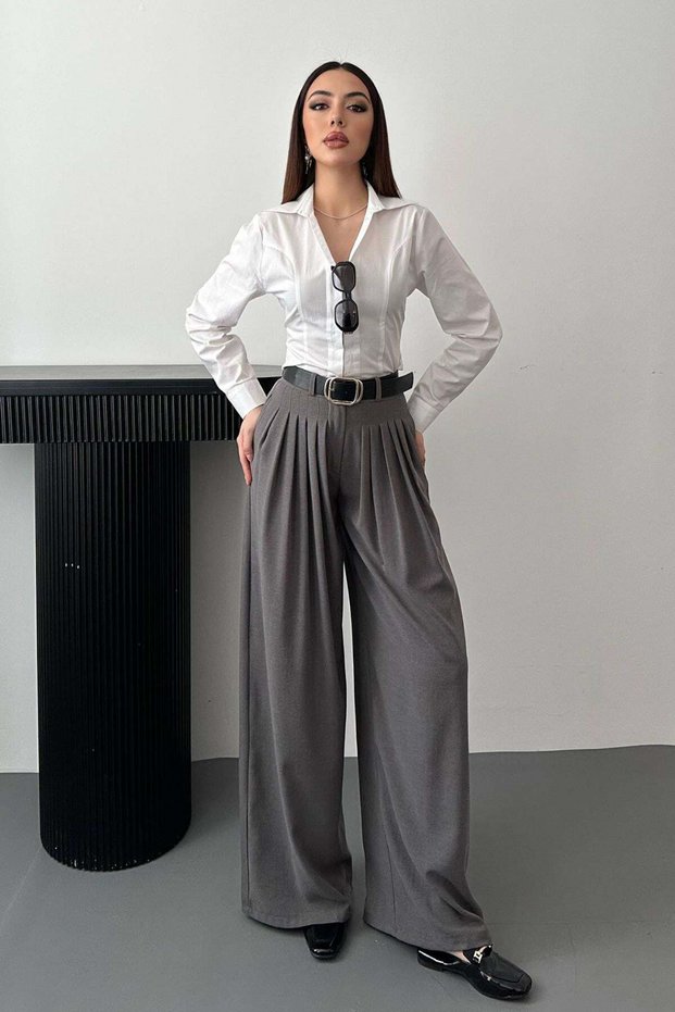Women's Gray Pleated High Waist Wide Leg Woven Palazzo Trousers