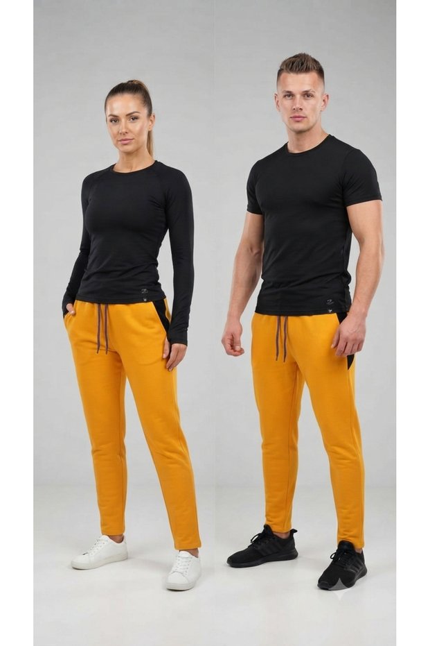 Unisex Black Pocket Detailed Dark Yellow 2 Thread Combed Cotton Wide Leg Casual Sweatpants