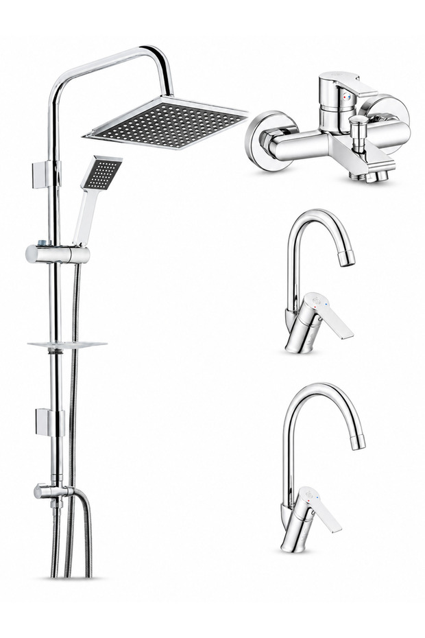 E.C.A Lite Bathroom Faucet + Lite Swan Sink Faucet + Lite Kitchen Sink Faucet + Tema 53260 Quadro Rain Practical Shower System