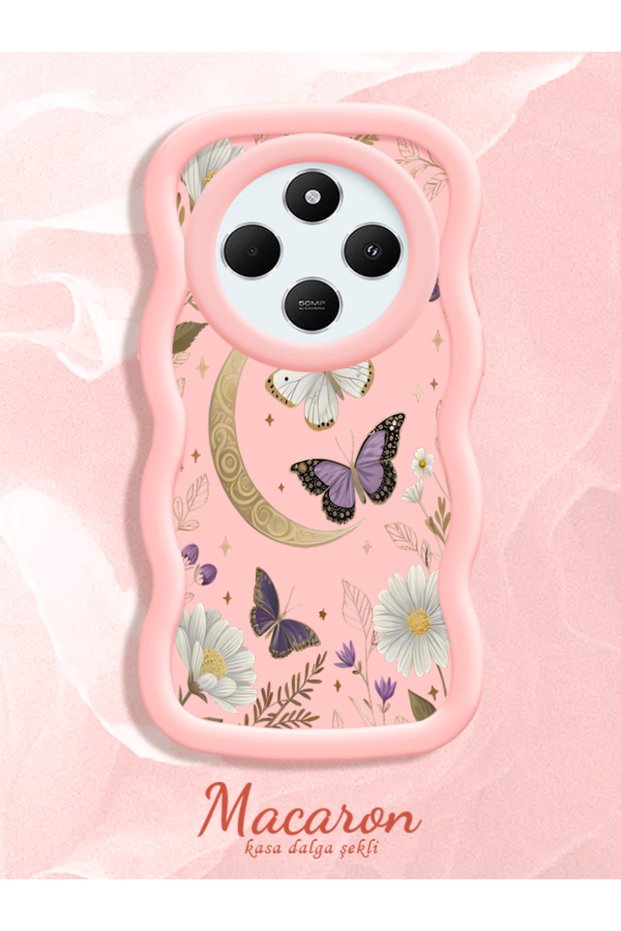 Poco C75 Compatible Wavy Frame Moon Butterfly and Flower Patterned Silicone Phone Case