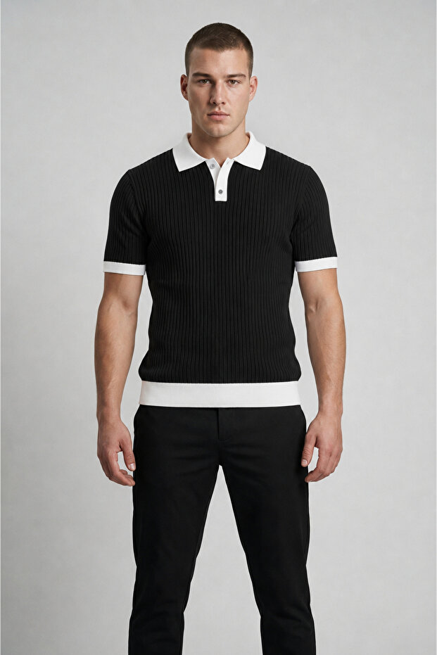 Black Polo Collar Buttoned Short Sleeve Men's T-Shirt