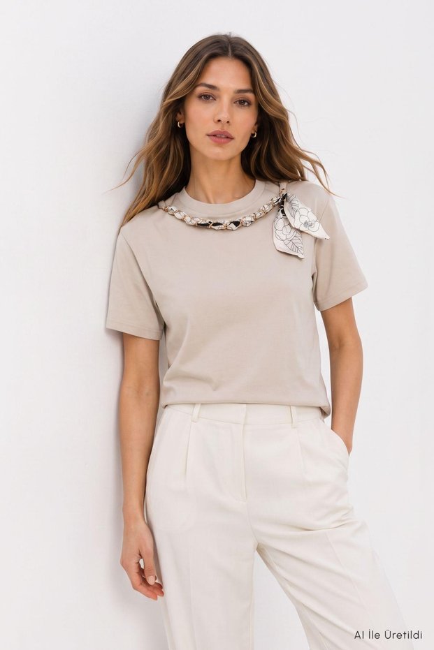 Tricou cu guler tip eșarfă 8650A Bej
